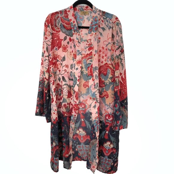 Jorja Red Blue Floral Open Front Long Sleeve Sheer Kimono XL - Picture 1 of 6